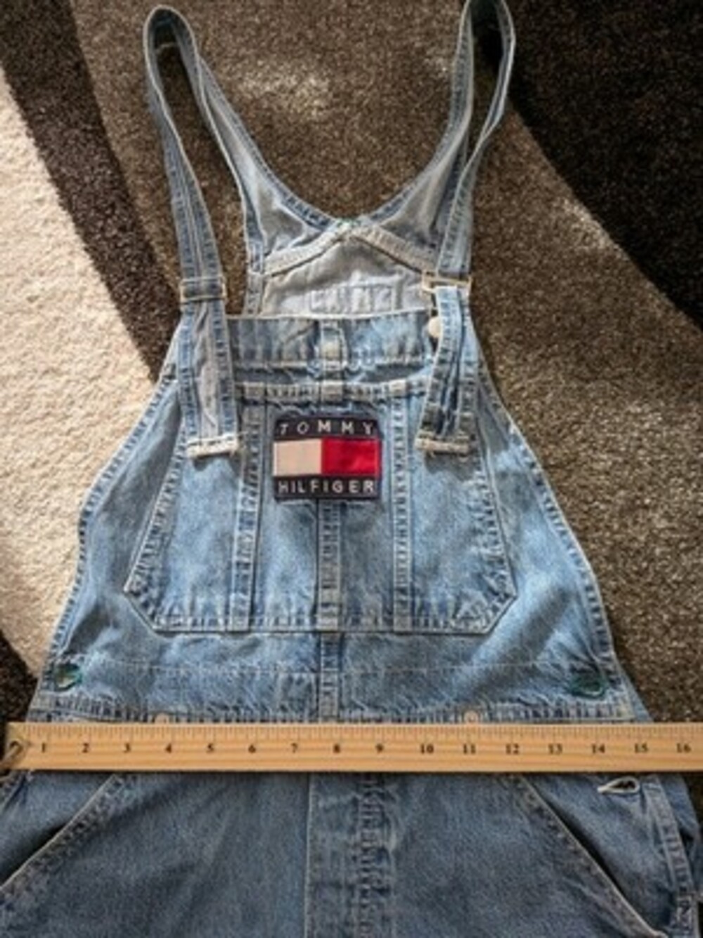 Vintage 90s Tommy Hilfiger Denim Overalls Big Flag Logo Bib Light Wash Jean